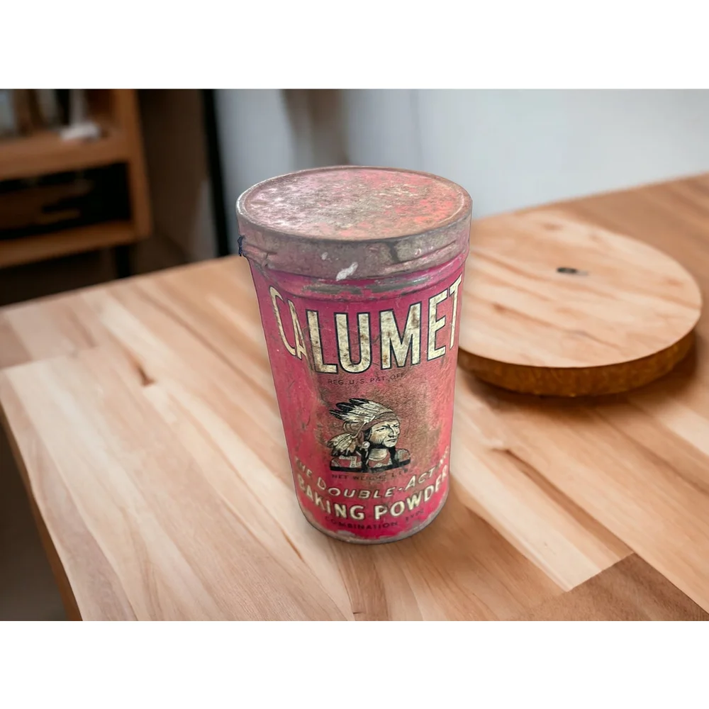 Rare Tin Antique Chippy Advertising Calumet Baking Powder Chippy Red Aged Patina